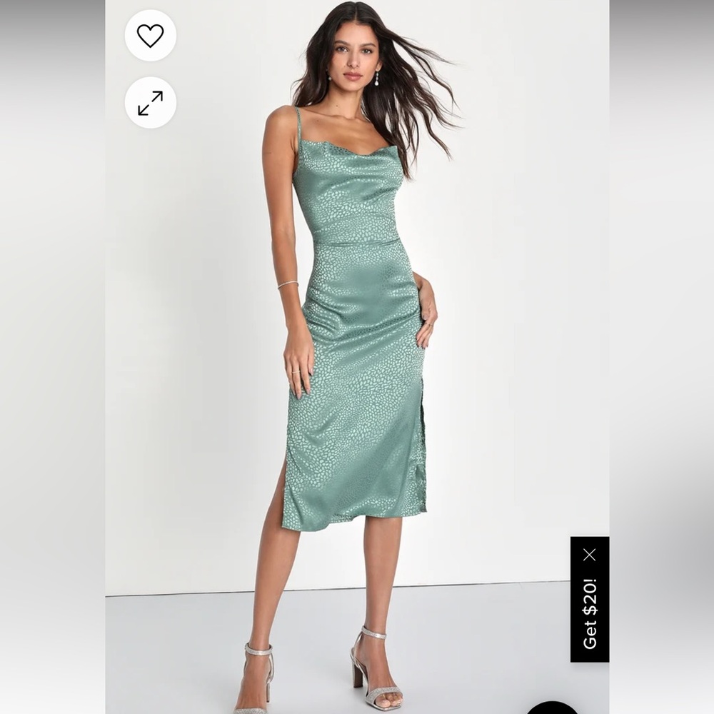 Lulu’s Sage Green Cowl Neck Satin Wedding Guest Dress M